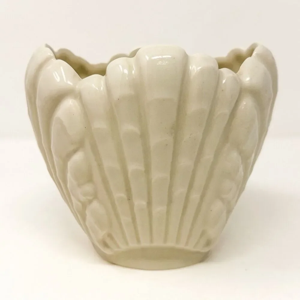 Vintage Abingdon Pottery #506 Shell Vase Planter White Art Deco 1940s USA